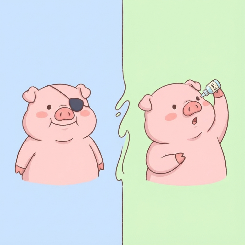 패치와 안약을 비교하는 피기