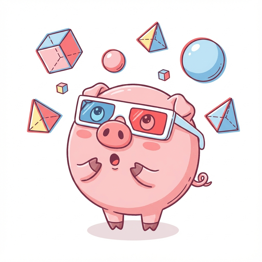 Piggy amazed by floating 3D shapes